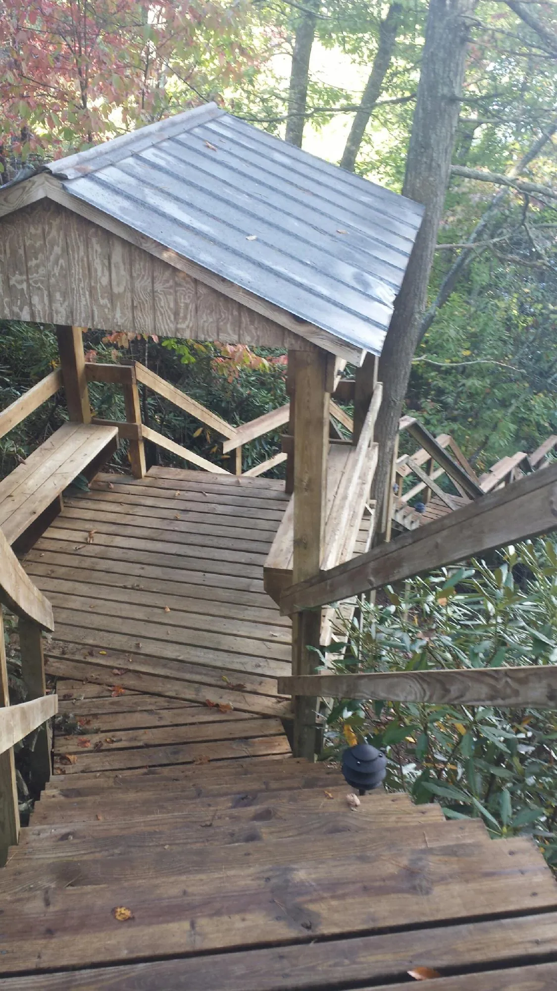 Metal roofed shelter over wooden steps on a wooded walkway — Skylight Repair & Installation work by our crew in Scales Mound