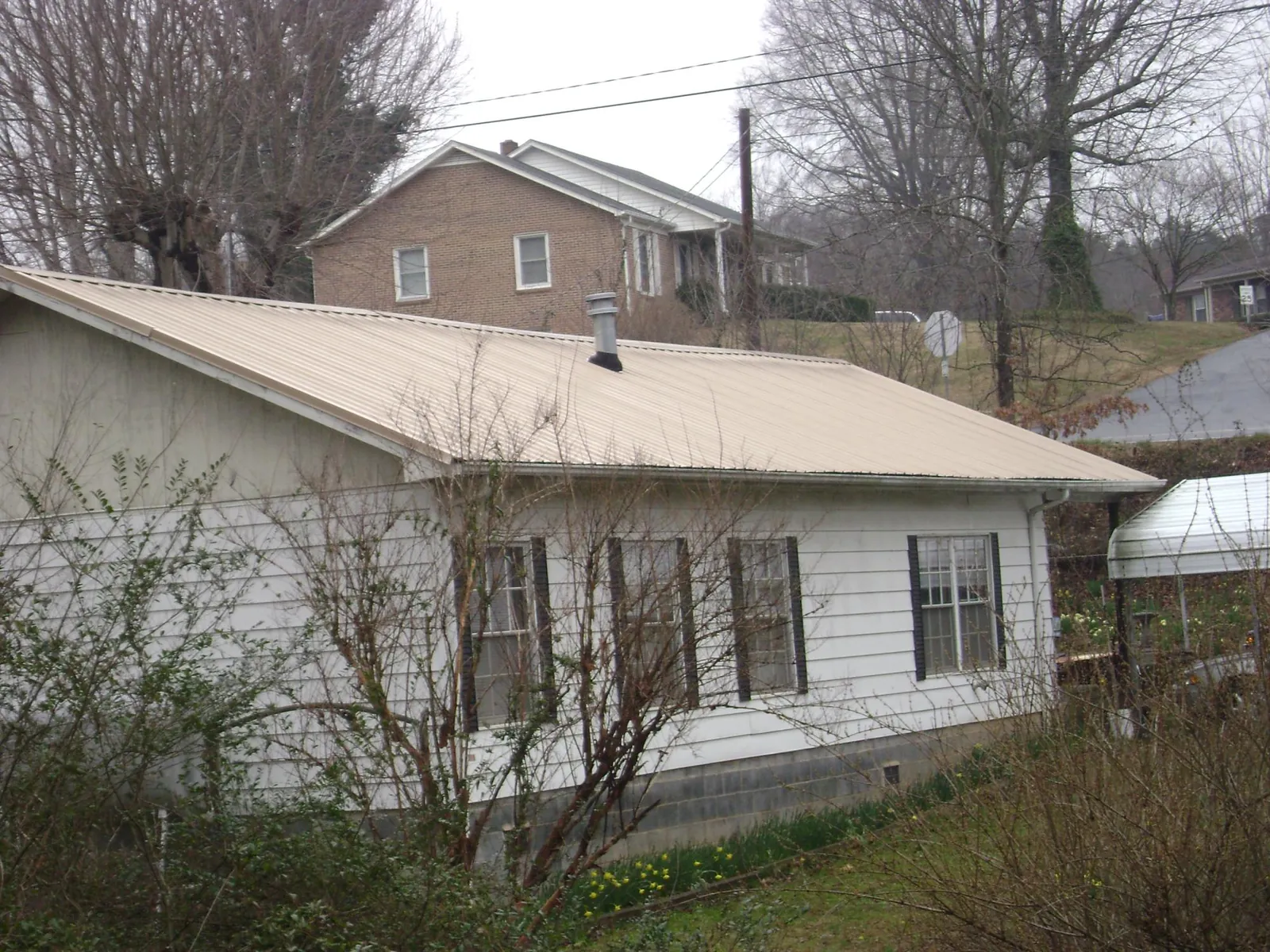 Tan metal roof on a white sided house set into a hillside — Commercial Roofing by Roofing Brothers in Scales Mound